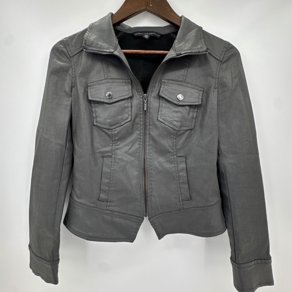 White House Black Market Jacket Womens 2 Gray Metallic Modal Mock Neck Full Zip